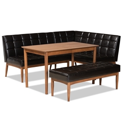 Baxton Studio Sanford Mid-Century Modern Dark Brown Faux Leather Upholstered and Walnut Brown Finished Wood 4-Piece Dining Nook Set